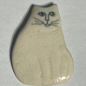 VTG White Glazed Clay CAT Brooch Hat Scarf Vest Pin 1.5"x2" Handmade